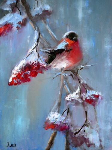 Bullfinch on a rowan branch di Elena Lukina, Pittura in vendita su Singulart