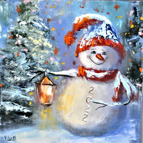 Happy snowman by Elena Lukina, Painting for Sale on Singulart