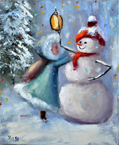 Dress up the snowman! by Elena Lukina, Painting for Sale on Singulart