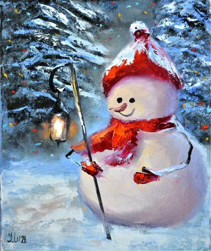 Snowman with a flashlight by Elena Lukina, Painting for Sale on Singulart