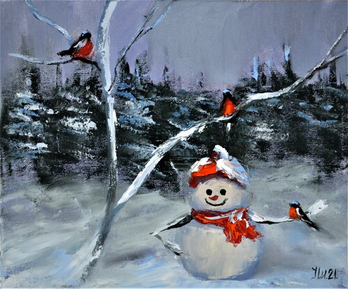 Snowman and bullfinches Elena Lukina