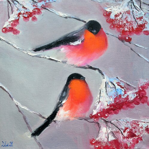 Bullfinches in winter di Elena Lukina, Pittura in vendita su Singulart
