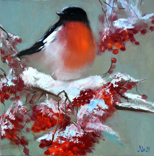 Bullfinch on a snowy rowan branch van Elena Lukina, Schilderij te koop op Singulart