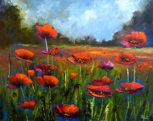 Landscape with a poppy field di Elena Lukina, Pittura in vendita su Singulart