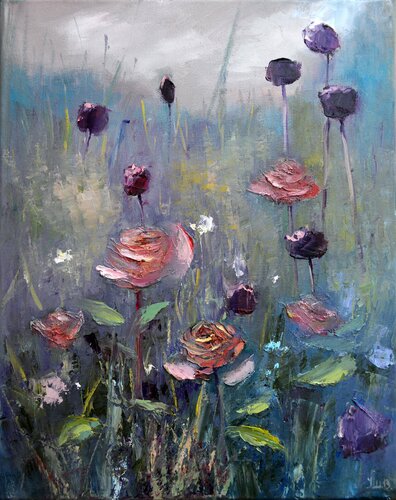 Roses and wild herbs of the field di Elena Lukina, Pittura in vendita su Singulart