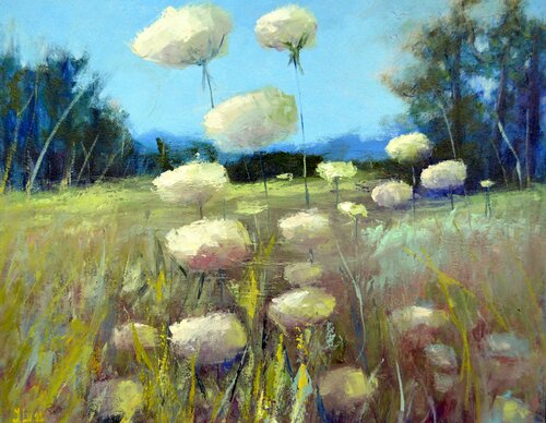 Beautiful wild flowers in the meadow van Elena Lukina, Schilderij te koop op Singulart