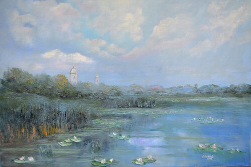 Village landscape in the fog near the river di Elena Lukina, Pittura in vendita su Singulart
