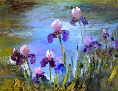 Irises by the pond di Elena Lukina, Pittura in vendita su Singulart
