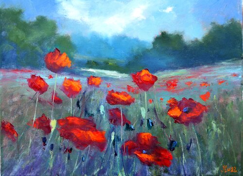 Landscape with scarlet poppies di Elena Lukina, Pittura in vendita su Singulart