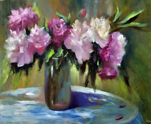 Still life with peonies van Elena Lukina, Schilderij te koop op Singulart