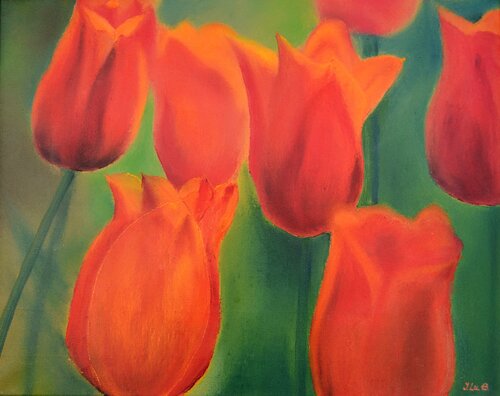 Scarlet tulips di Elena Lukina, Pittura in vendita su Singulart