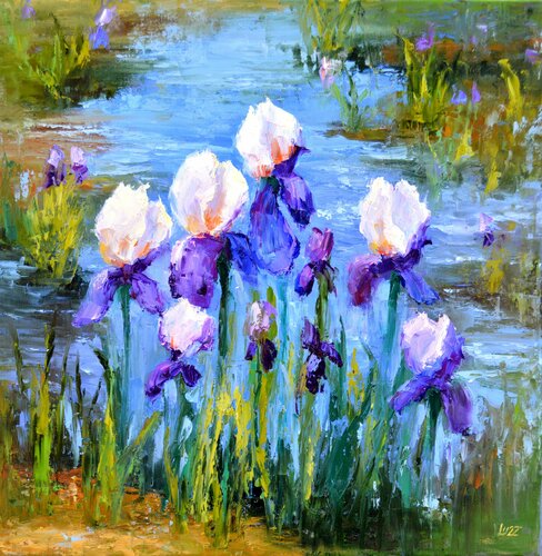 Pond with Beautiful Irises di Elena Lukina, Pittura in vendita su Singulart