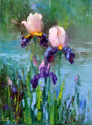 Three Irises by the pond van Elena Lukina, Schilderij te koop op Singulart