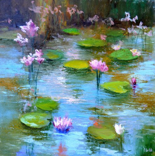 Pond with pink lilies von Elena Lukina, Malerei kaufen auf Singulart