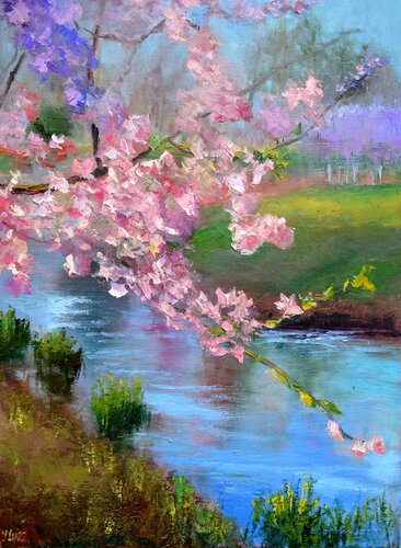 Sakura in the city park von Elena Lukina, Malerei kaufen auf Singulart