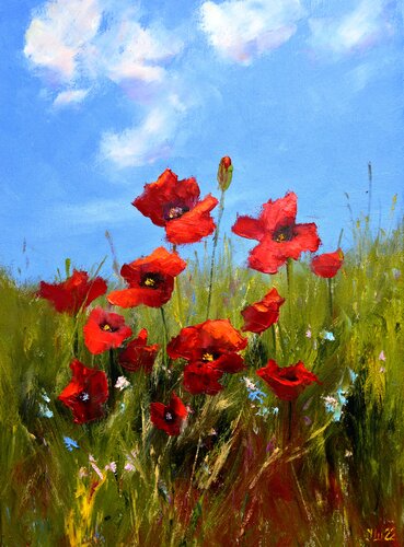 Scarlet poppies van Elena Lukina, Schilderij te koop op Singulart
