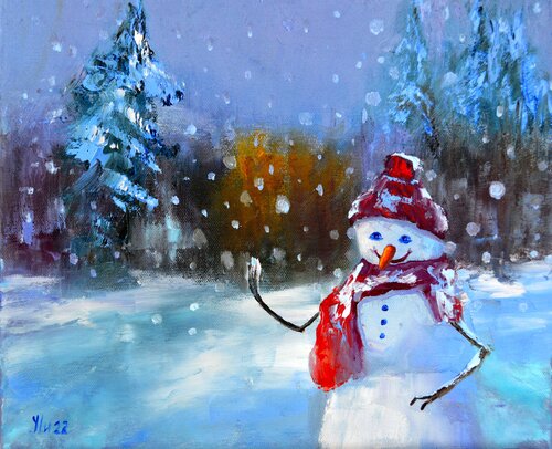 Snowman in a fairy forest van Elena Lukina, Schilderij te koop op Singulart