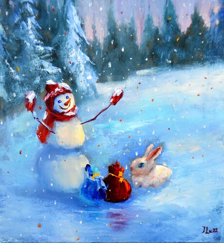 The snowman and the rabbit are handing out gifts to everyone par Elena Lukina, Peinture en vente sur Singulart