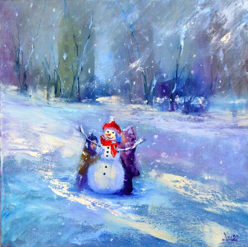Snowy winter. Children make a snowman by Elena Lukina, 油畫 for Sale on Singulart