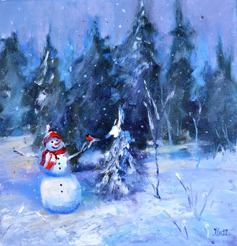 Snowman and Christmas trees di Elena Lukina, Pittura in vendita su Singulart
