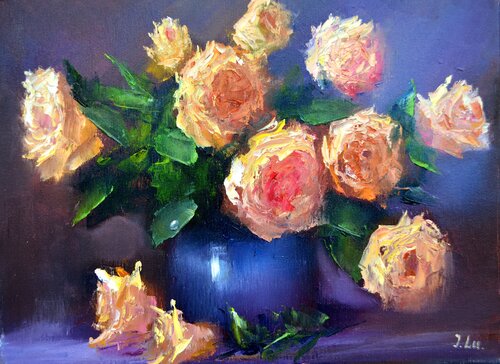 Yellow roses in a blue vase Elena Lukina