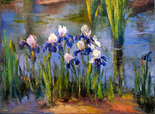 Pond with beautiful irises 60Х80 di Elena Lukina, Pittura in vendita su Singulart
