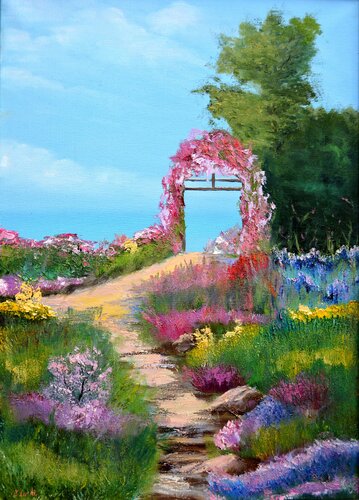 Blooming arch by the sea 70x50 di Elena Lukina, Pittura in vendita su Singulart