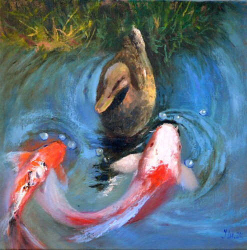 Meeting on the Pond: Silent Dialogue (2024) by Elena Lukina, Painting for Sale on Singulart