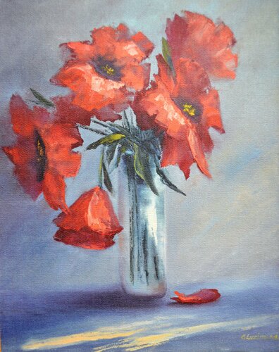 Red poppies on blue 25X20 von Elena Lukina, Druck kaufen auf Singulart