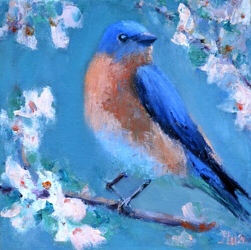 Bird on a flowering branch van Elena Lukina, Schilderij te koop op Singulart