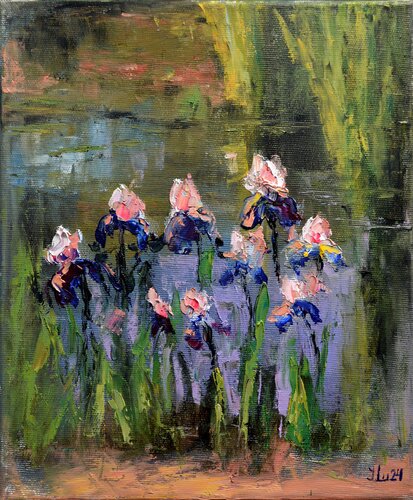 Irises on the pond von Elena Lukina, Malerei kaufen auf Singulart