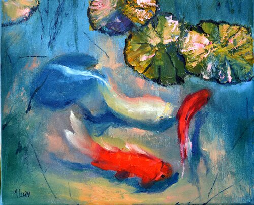 Pond with Fish: Turquoise Silence (2024) von Elena Lukina, Malerei kaufen auf Singulart