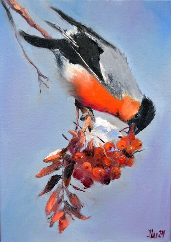 Christmas Bullfinch Breakfast di Elena Lukina, Pittura in vendita su Singulart