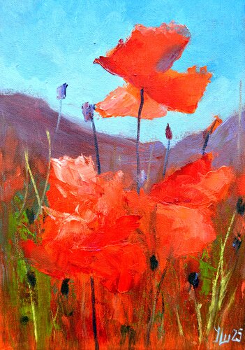 Coral Poppies 30Х21 von Elena Lukina, Malerei kaufen auf Singulart