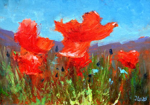 Coral Poppies 21X30 van Elena Lukina, Schilderij te koop op Singulart