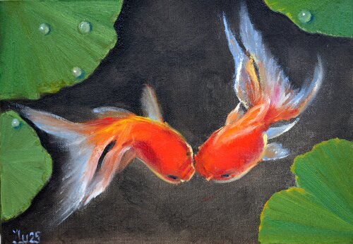Happy Fish: The Golden Kiss (2025) van Elena Lukina, Schilderij te koop op Singulart