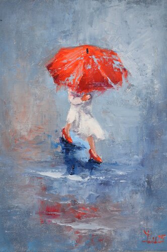 A girl running through puddles van Elena Lukina, Schilderij te koop op Singulart