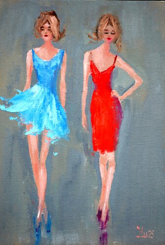 Funny fashionistas in blue and red de Elena Lukina, Pintura a la venta en Singulart