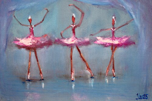 Funny pink ballerinas. Miniature original impasto oil painting. van Elena Lukina, Schilderij te koop op Singulart