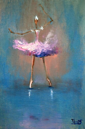Funny pink ballerina. Original impasto Miniature oil painting. van Elena Lukina, Schilderij te koop op Singulart