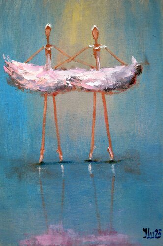 2 Funny pink ballerinas. Original impasto Miniature oil painting. van Elena Lukina, Schilderij te koop op Singulart