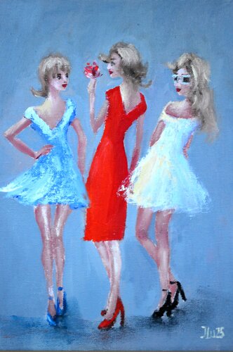 3 funny fashionistas.  Original impasto Miniature oil painting. de Elena Lukina, Pintura a la venta en Singulart