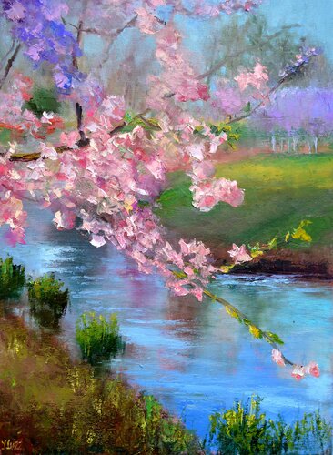 Sakura in the city park par Elena Lukina, Peinture en vente sur Singulart