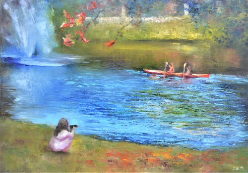 River fountain in a city park by Elena Lukina, Painting for Sale on Singulart