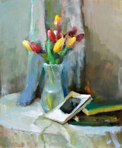 Still life with tulips von Elena Lukina, Malerei kaufen auf Singulart