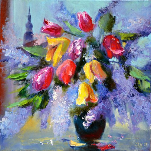 BOUQUET OF FLOWERS ON THE WINDOW di Elena Lukina, Pittura in vendita su Singulart
