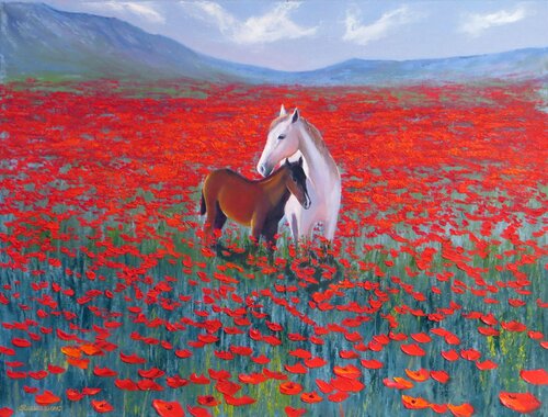 Field of poppies di Elena Lukina, Pittura in vendita su Singulart