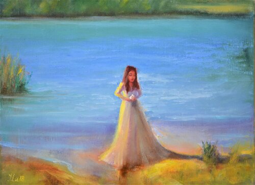 Lady with a Bird on Bank of a Lake Elena Lukina