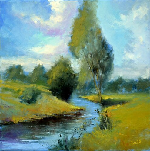 A small sketch with a village river van Elena Lukina, Schilderij te koop op Singulart