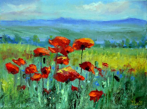 Field with scarlet poppies di Elena Lukina, Pittura in vendita su Singulart